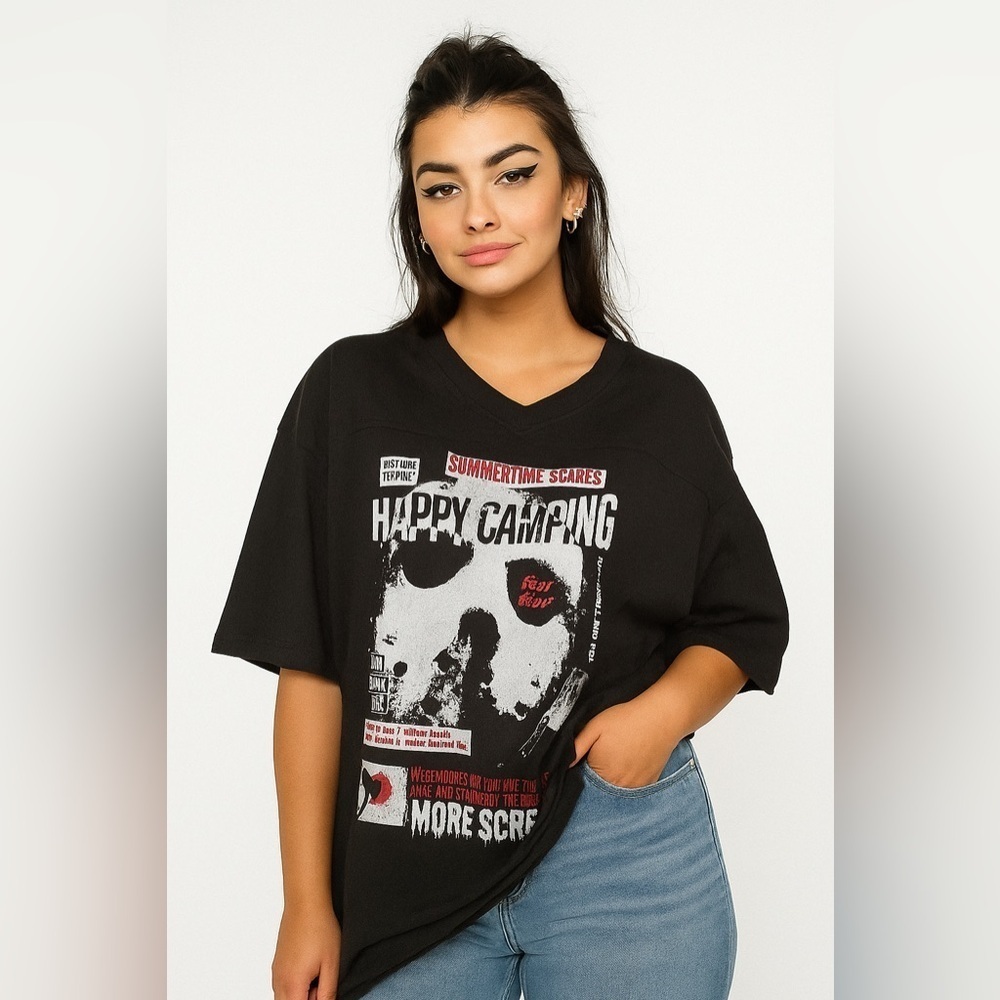 "Friday the 13th Happy Camping" graphic black V-neck t-shirt size large